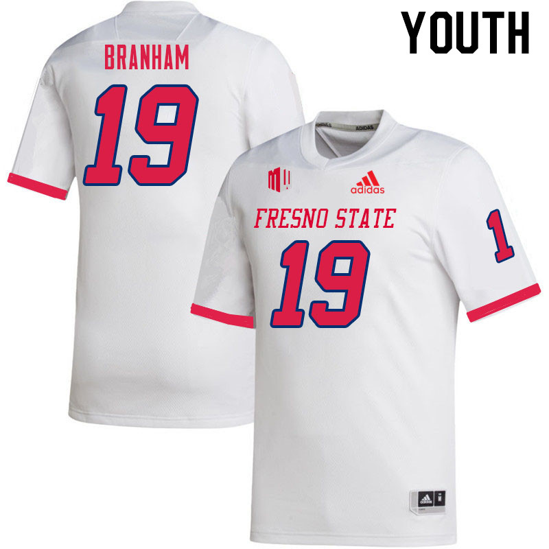 Youth #19 Zeke Branham Fresno State Bulldogs College Football Jerseys Sale-White - Click Image to Close
